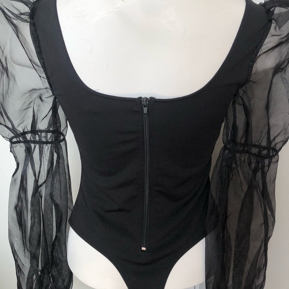 Organza Puff Long Sleeve Thing Bodysuit Top - Picture 5 of 6